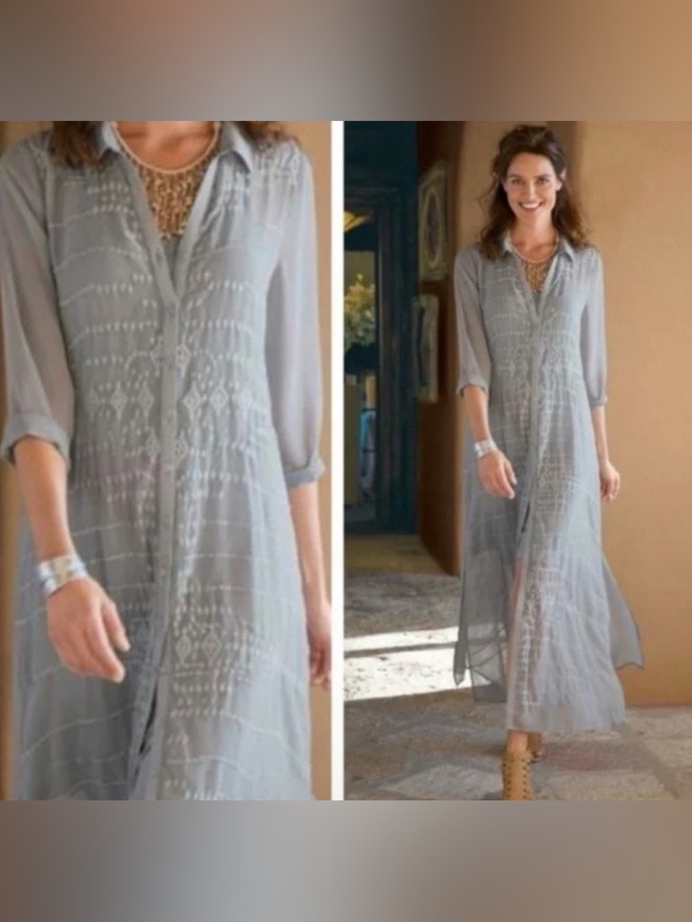 Soft Surroundings Ibiza Embroidered Sheer Grey Chiffon Maxi Shirt Dress